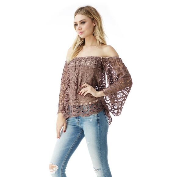 Sky Clothing Brand NWT S Off Shoulder Lace Floral Embroidered Taupe Brown Nude - Picture 5 of 7
